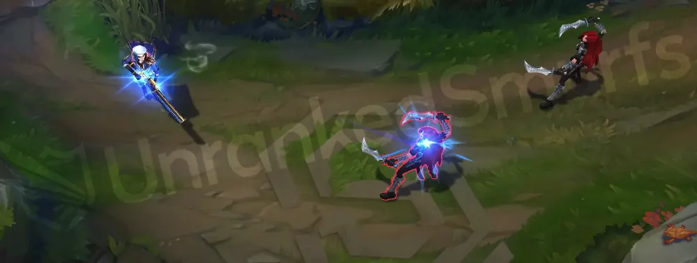 Arcane Commander Caitlyn basic auto attack with cyan railgun shot and rune trail