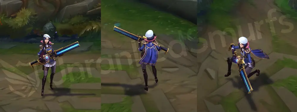 Arcane Commander Caitlyn in-game overview, front and side wearing dark blue aristocratic enforcer uniform with white beret and red-and-blue cape, armed with a rune-etched railgun