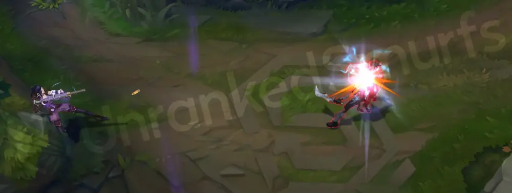 Arcane Enforcer Caitlyn basic attack animation with cyan muzzle flash and brass shell casing