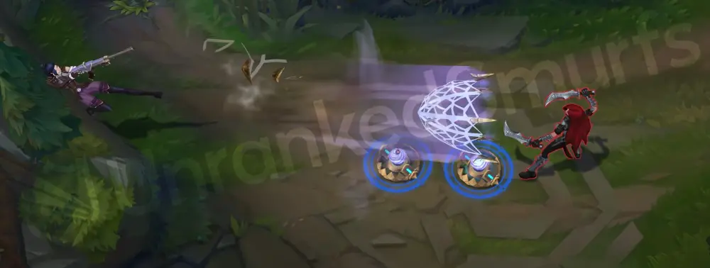 Arcane Enforcer Caitlyn E part 1 - 90 Caliber Net dash with cyan trail and runic particles