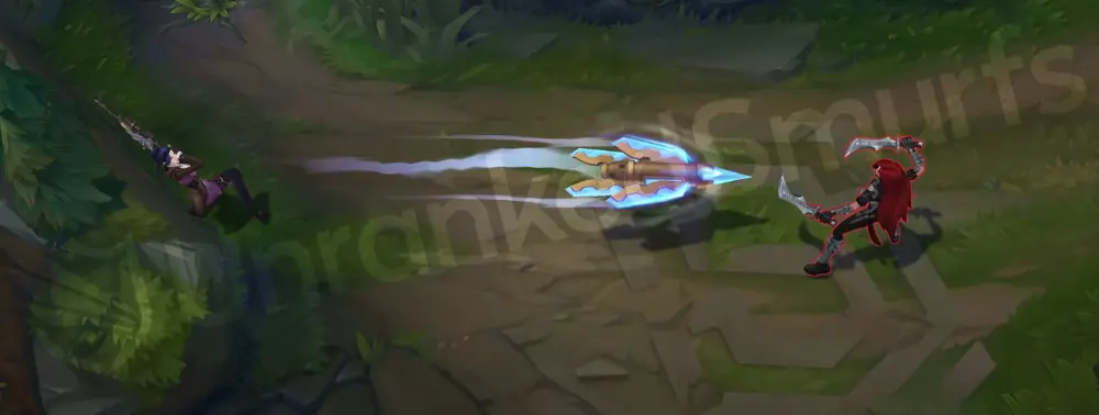 Arcane Enforcer Caitlyn Q part 1 - rifle shot with cyan projectile and runic trail
