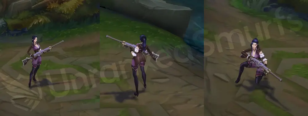 Arcane Enforcer Caitlyn in-game overview, front and side wearing a tailored purple coat and holding a long silver engraved rifle