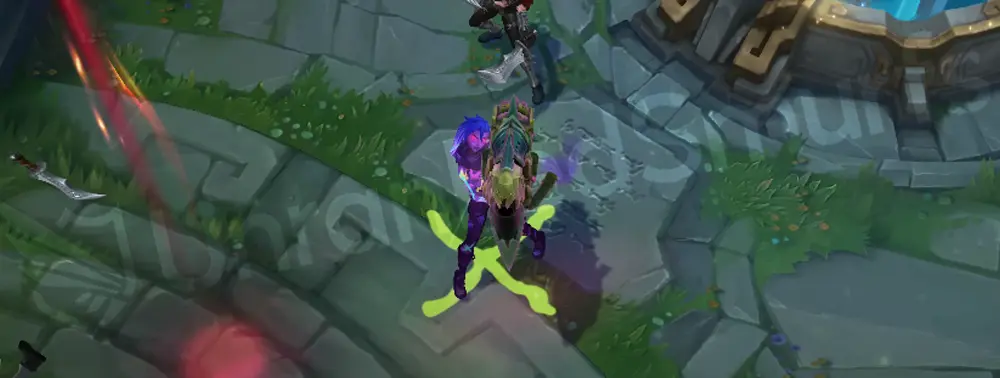 Arcane Fractured Jinx passive overview showing weapon details and purple-green particles