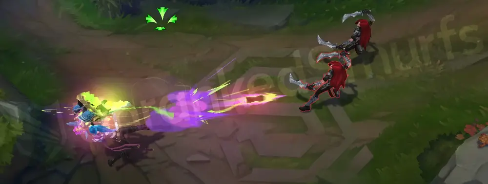 Arcane Fractured Jinx Q - first part with purple rocket trail and zaunite accents