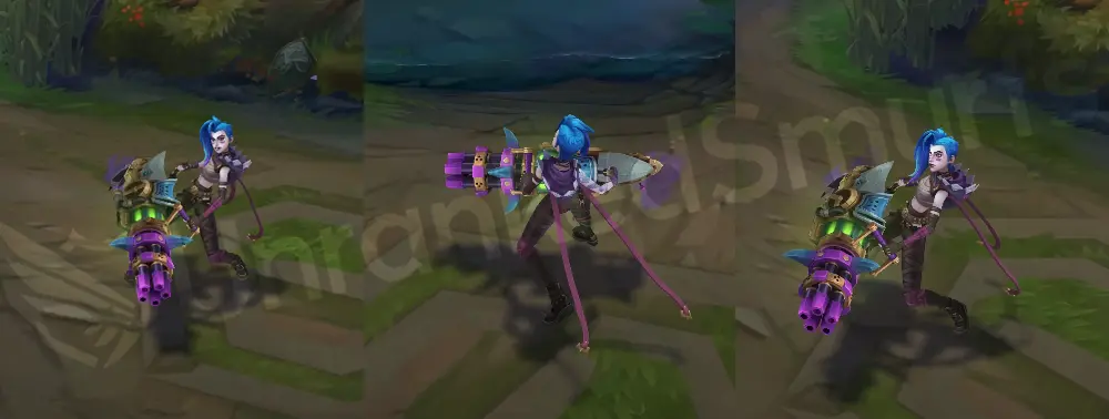 Arcane Fractured Jinx skin overview, Piltover's Most Wanted form with shorter hair and a large purple minigun
