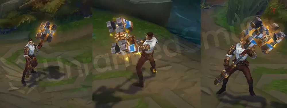 Arcane Inventor Jayce in-game overview, front and side view wearing a white buttoned shirt with gold-accented brown sleeves, dark red pants, brown boots, and holding a hextech hammer with a glowing blue core