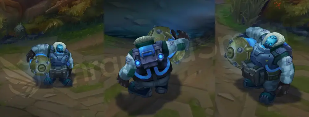 Arctic Ops Gragas in-game overview, front and side showing bulky blue-gray arctic combat suit and frosted canister barrel