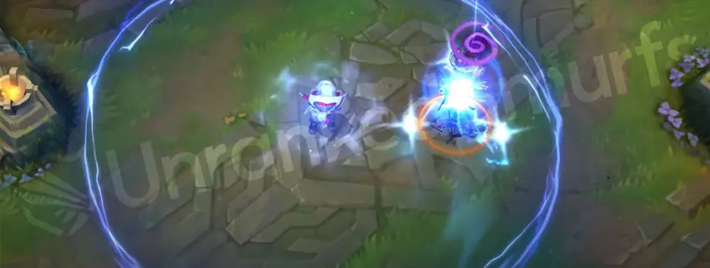 Arctic Ops Kennen R ultimate displaying a cyan storm ring and lightning field