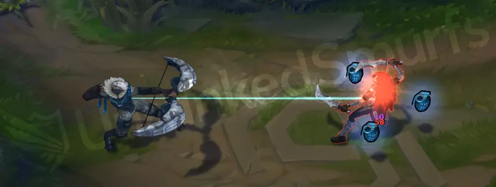 Arctic Ops Varus basic auto attack with an icy cyan-trail arrow fired from his snow-camouflaged bow