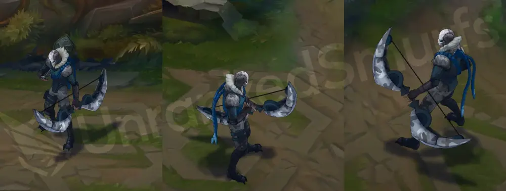Arctic Ops Varus in-game overview, front and side view wearing grey snow-camo parka with fur collar and snow-patterned bow