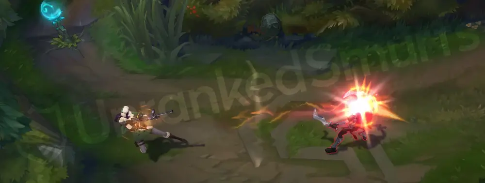 Arctic Warfare Caitlyn basic attack animation firing wooden-stock rifle with icy projectile trail