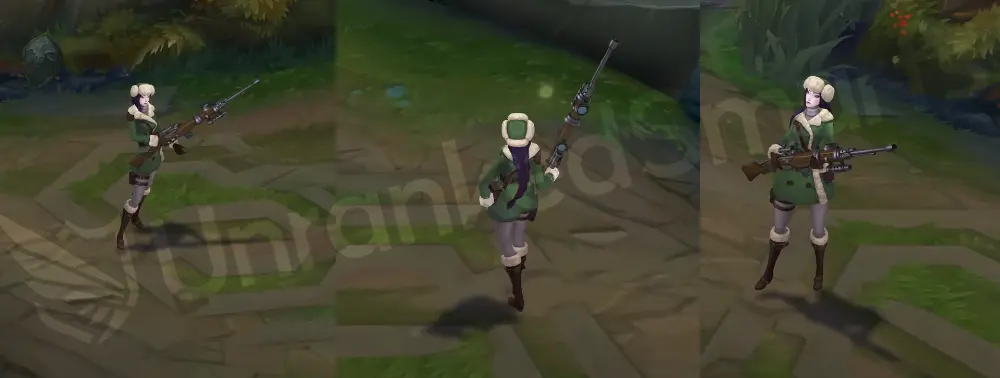 Arctic Warfare Caitlyn in-game overview showing green fur-trimmed winter coat, ushanka hat, and wooden-stock sniper rifle