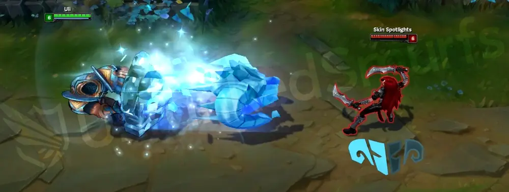 Braum Lionheart Q - first part showing a blue stone arc effect on his attack