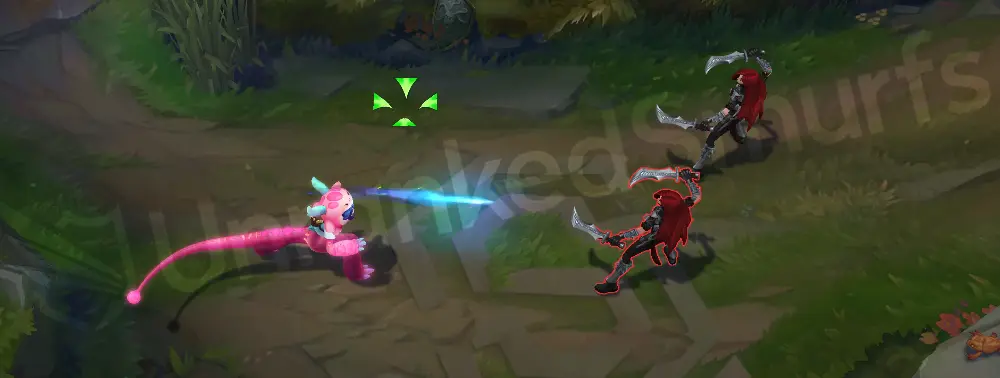 Cosplayer Neeko basic auto attack with pink tail flick and cyan sparks