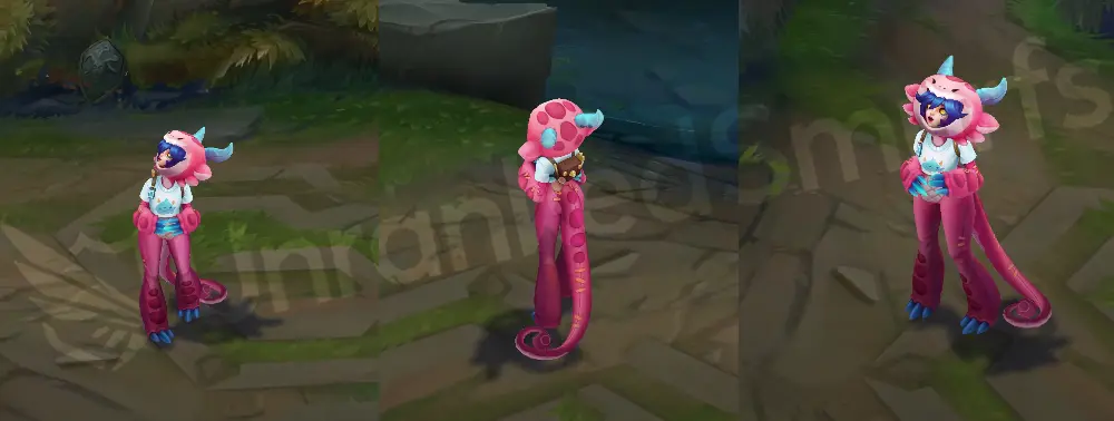 Cosplayer Neeko in-game overview showing pink axolotl costume with white shirt and tiny leather backpack, front and side view
