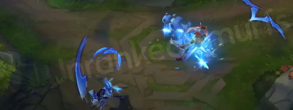 DRX Akali Q - throwing glowing blue kunai leaving icy crystalline trails and hexagonal energy shards