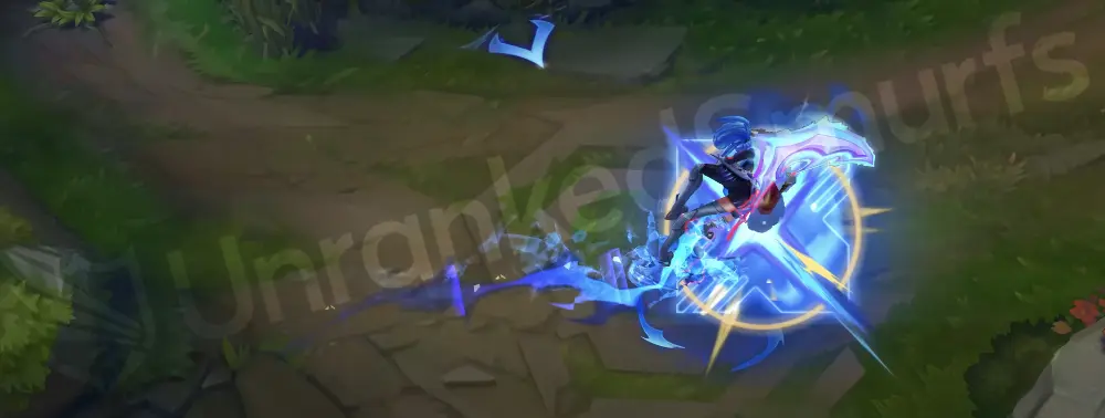 DRX Akali R - dash/teleport impact with blue burst, hexagonal grid motifs and crystalline shards