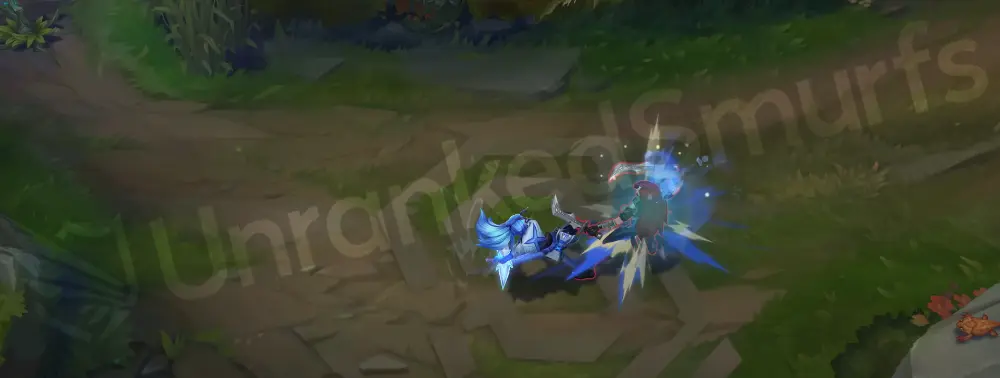 DRX Akali R final strike - large icy crescent with sharp translucent shards and deep violet accents
