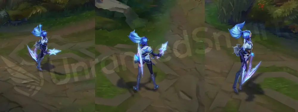 DRX Akali in-game overview, front and side view wearing white-and-navy esports combat outfit with blue ponytail, horned clips, and mask