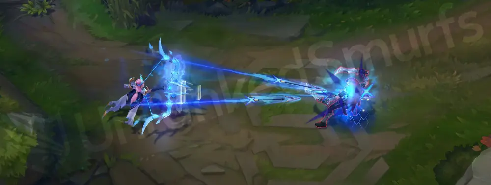 DRX Ashe Q ability with sharp ice-crystal arrow effects and bright blue-white flares