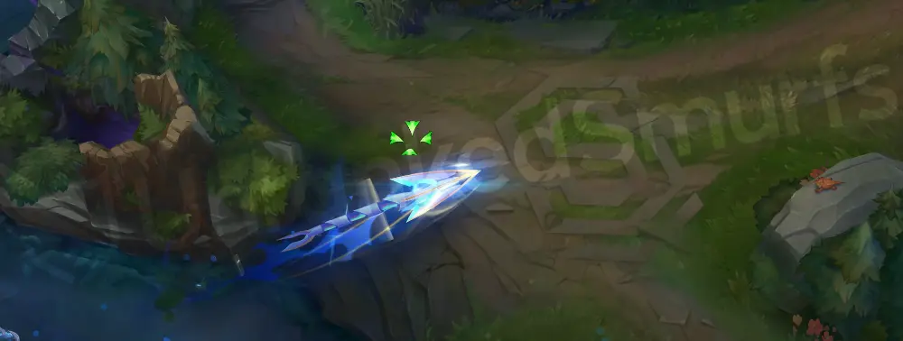 DRX Ashe R part one firing a long crystalline arrow with a blue-white travel trail