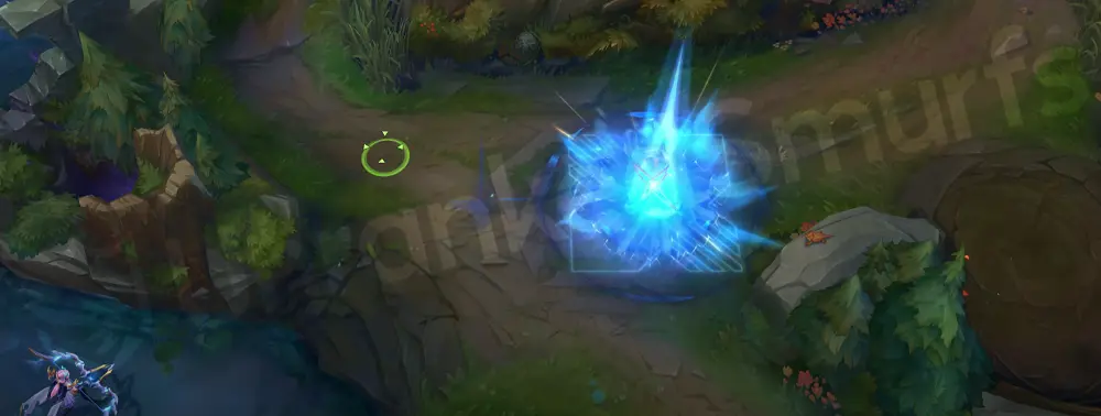 DRX Ashe R second part showing arrow impact with a clean light flare and crystal shards