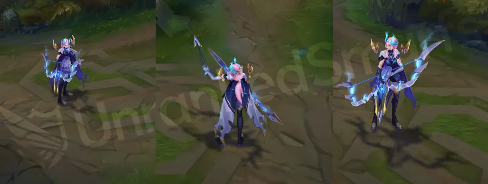 DRX Ashe in-game overview from front and side wearing a dark blue and gold championship dress with horned tiara and crystal bow