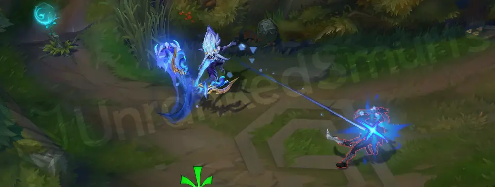 DRX Kindred basic attack animation with Lamb firing a crystalline blue arrow and trailing icy energy