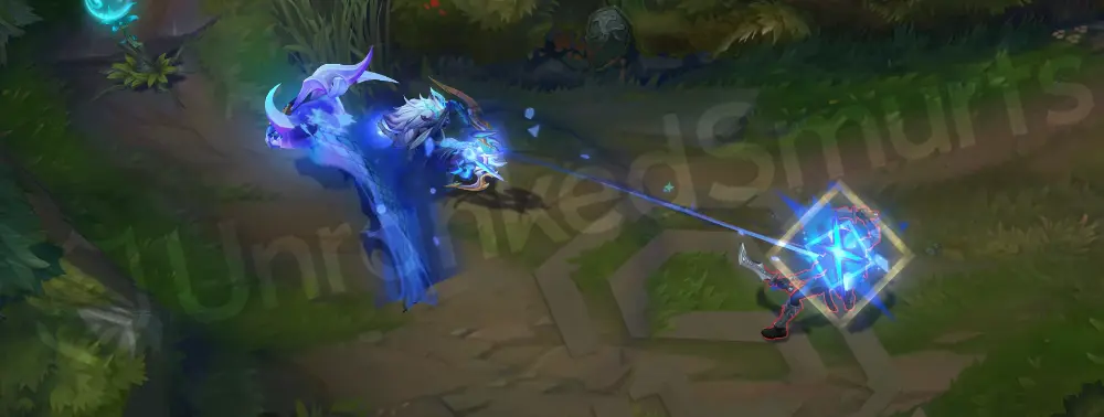 DRX Kindred Q - first part showing a crystalline arrow leaving a sleek blue energy trail