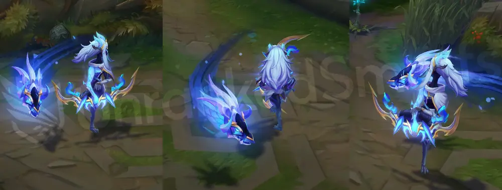 DRX Kindred in-game overview showing Lamb in white and navy-blue armor with gold trim and Wolf as a metallic horned skull