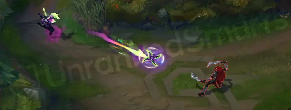 Empyrean Akali E part 1 showing a dash that leaves a neon trail over a glossy black surface