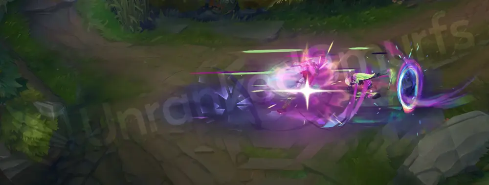 Empyrean Akali R part one with streaking pink and green ribbons