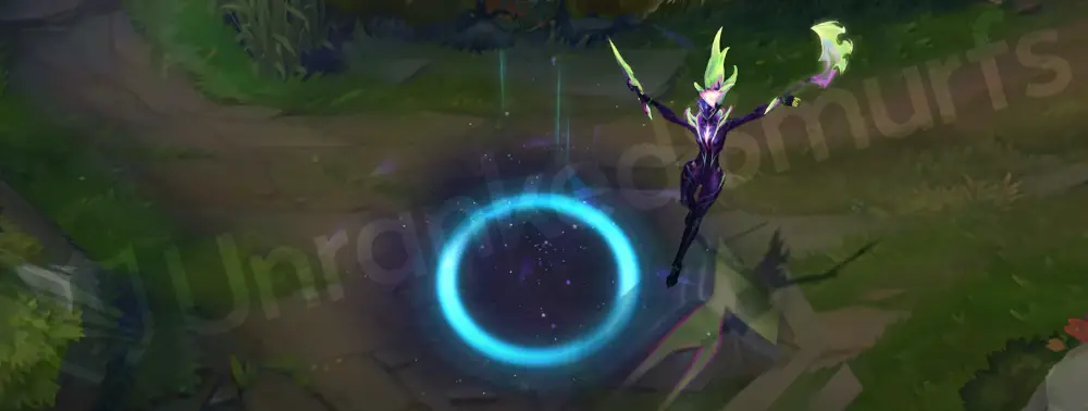 Empyrean Akali custom recall where she dissolves into neon energy above a black surface