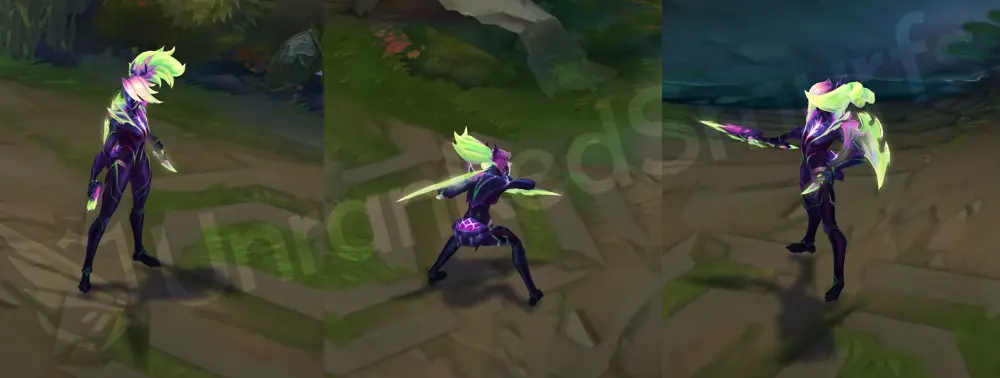 Empyrean Akali in-game overview showing a skintight purple-to-pink-to-green suit, faceless mask, and serrated blades