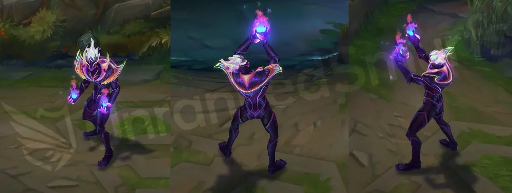 Empyrean Brand in-game overview from front and side with faceless crystalline suit shifting purple, cyan, and orange and a white flame on his head