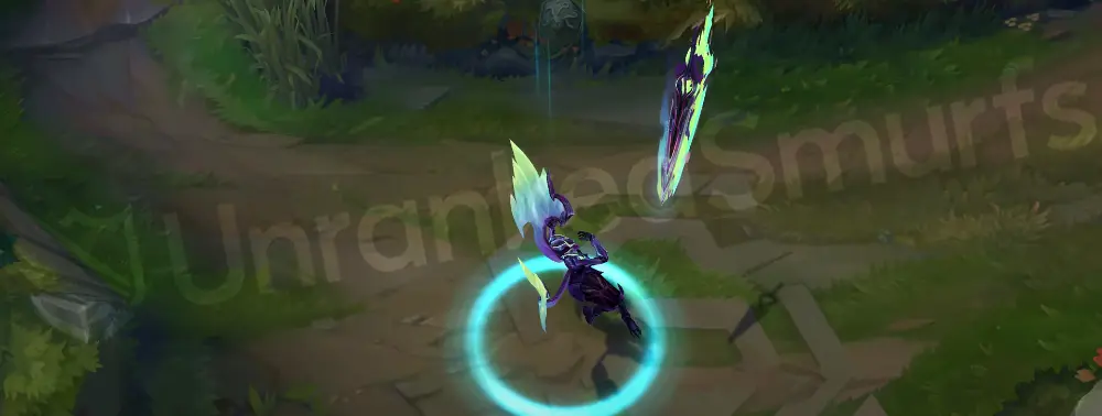 Empyrean Kayle recall animation showing sword turning into a portal and flight