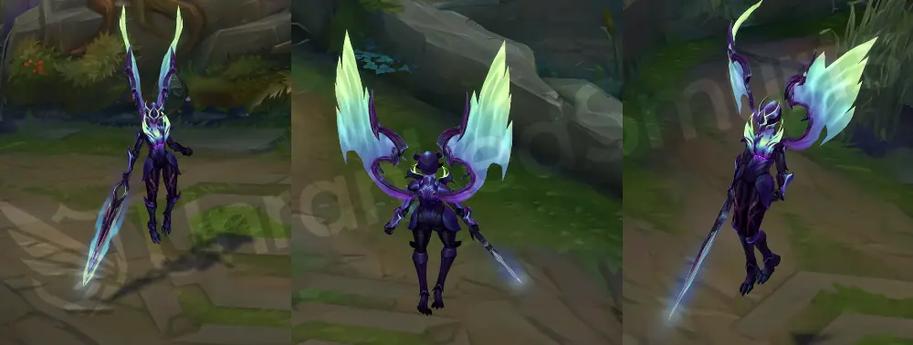 Empyrean Kayle in-game overview from front and side wearing dark blue skintight armor with cyan and white accents and full helmet