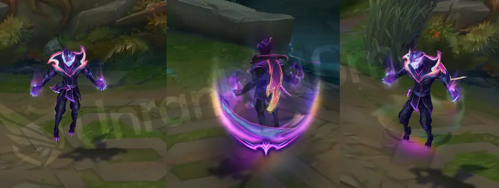 Empyrean Malzahar in-game overview, front and side view with dark blue robe and neon flame collar