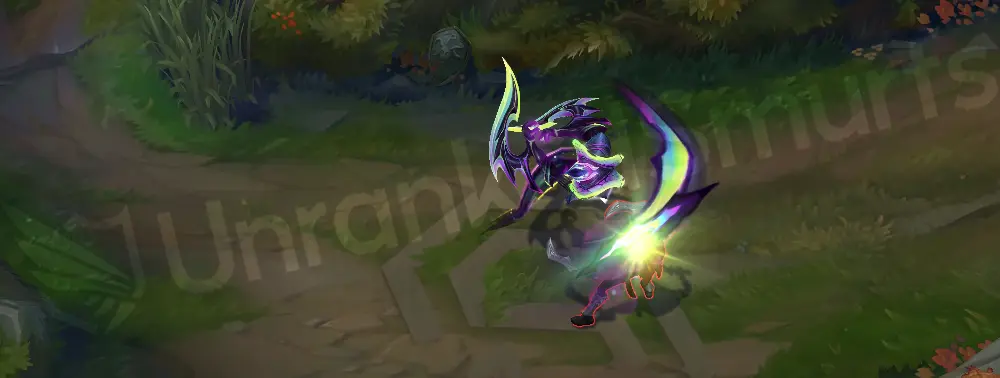 Empyrean Nocturne basic attack / passive animation showing purple-green blade trails and crystalline sparks