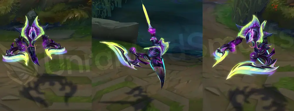 Empyrean Nocturne in-game overview, front and side view with dark blue suit, cyan and pink crystalline accents and faceless visor