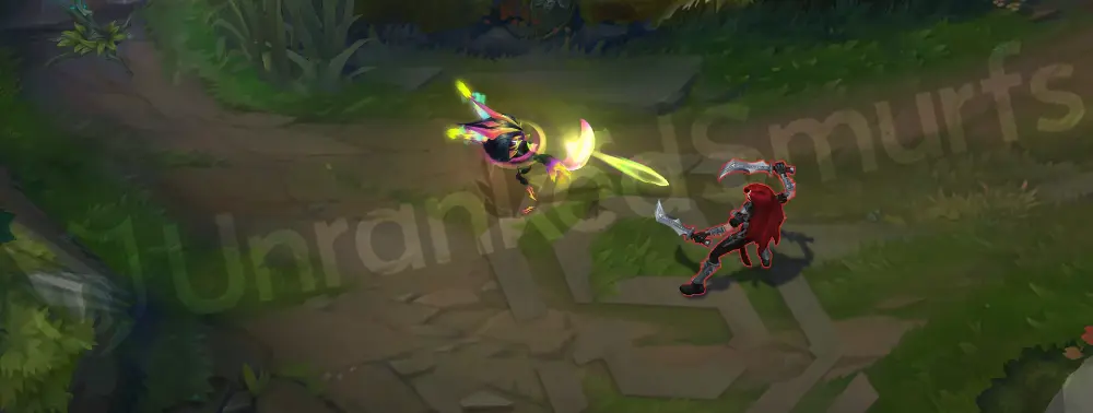 Empyrean Vex basic auto attack animation with shadowy lunge and deep pink and cyan energy trails