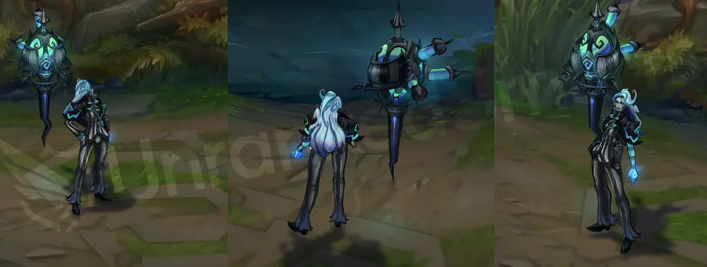 Fright Night Renata Glasc in-game overview showing her pale pinstriped suit and haunted chemtech lantern arm