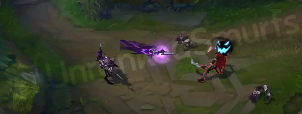 Fright Night Shaco E - dagger impact with black-and-purple burst and smiling-face confetti