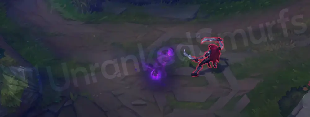 Fright Night Shaco Q - teleport initial shadow trail in purple with smiling face particles