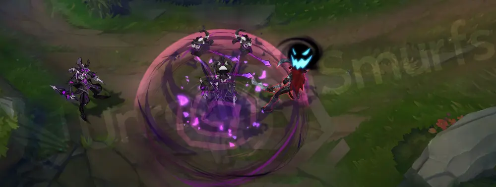 Fright Night Shaco R - clone explosion with toy stuffing and black-purple shards