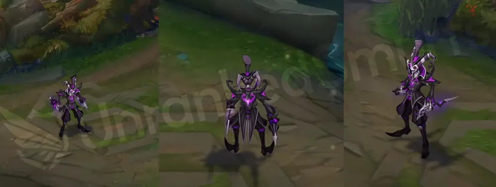 Fright Night Shaco in-game overview, front and side view showing stitched doll suit in black and purple with top hat and umbrella