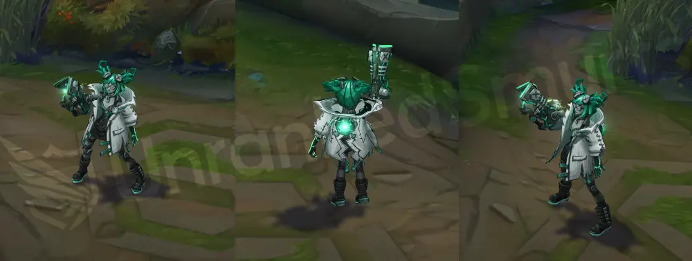 Fright Night Zeri in-game overview, front and side with a white nurse jacket, squiggly glasses, pigtails, and a golden-age sci-fi gun