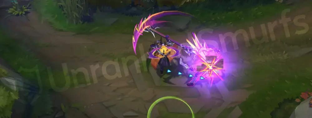 HEARTSTEEL Kayn (Rhaast) basic attack showing purple-hued scythe swings with comic pop marks