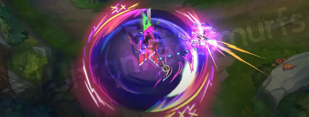 HEARTSTEEL Kayn (Rhaast) Q showing glitchy deep-blue and orange slash with purple sparks