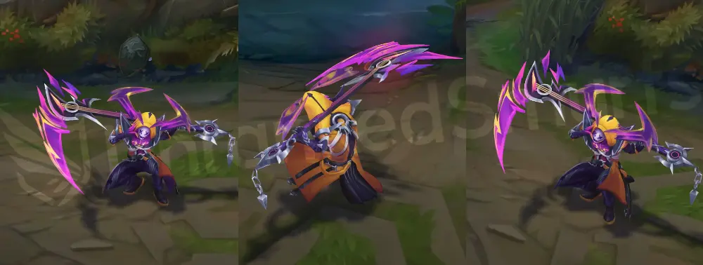 HEARTSTEEL Kayn (Rhaast form) overview with hood, smiling mask and large purple antlers, heavy purple accents